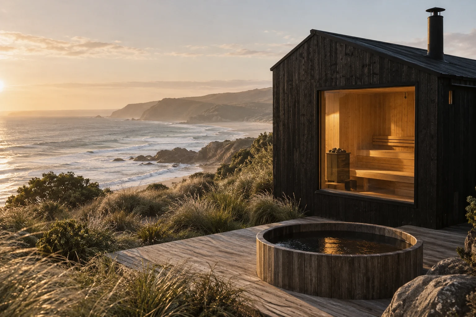 Concept image of a glowing timber sauna and plunge tub overlooking a quiet coast