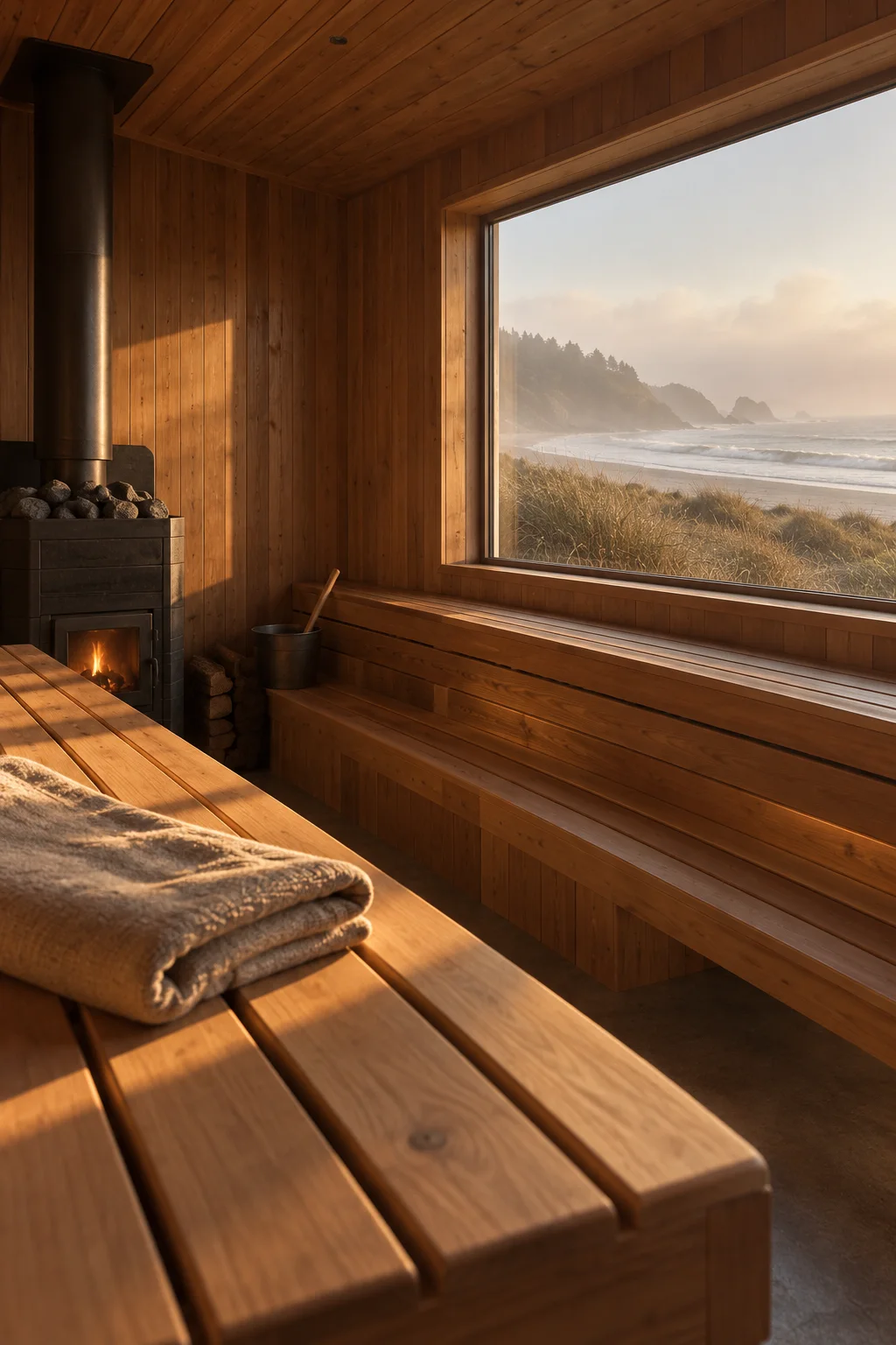 Generated concept of warm timber sauna benches beside a window overlooking the sea