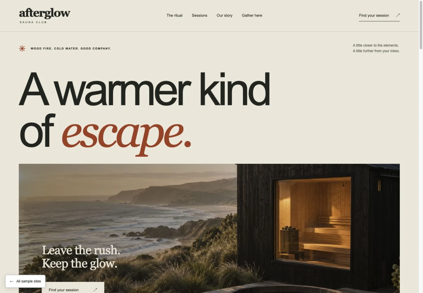 A preview of the Afterglow Sauna Club homepage, with a warm coastal photograph and large editorial typography.