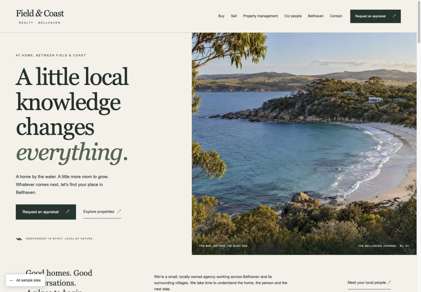 A preview of the Field and Coast homepage, pairing its coastal bay photograph with a property journal layout.