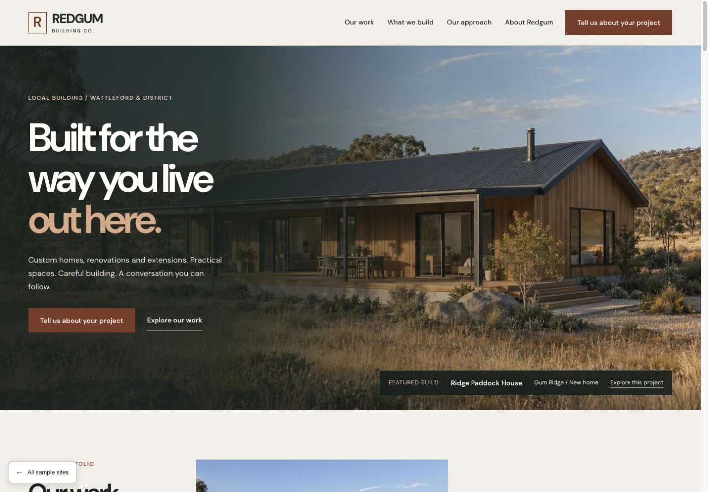 A preview of the Redgum Building Co homepage, with bold typography over a newly built rural timber home.