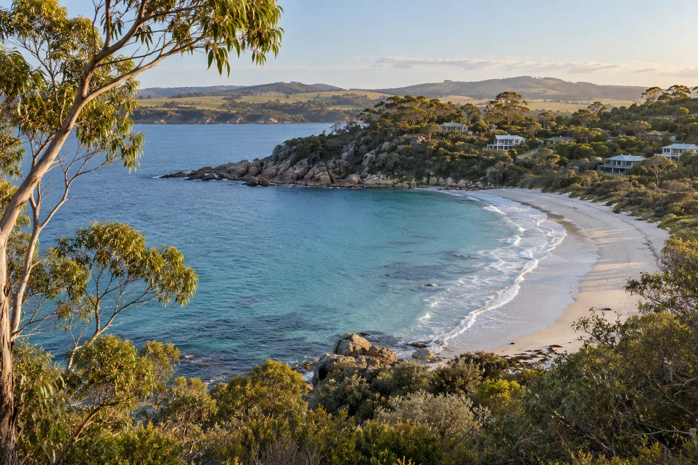 An imagined sheltered Bellhaven bay, with gum trees and homes on the headland