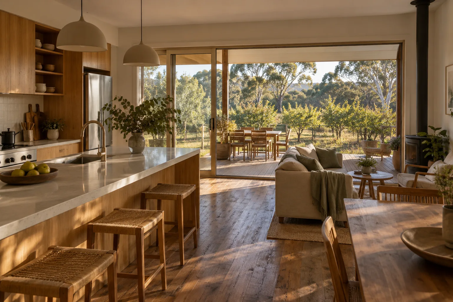 A renovated timber kitchen and living area connected to a covered deck through large sliding doors.