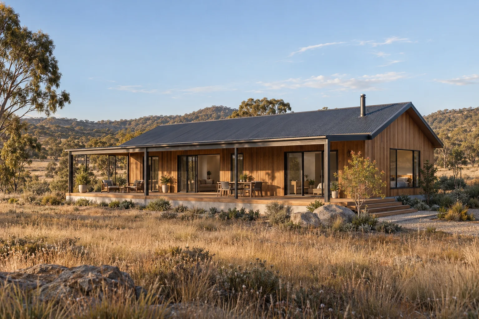 A new timber-clad rural home with a dark metal roof and a deep shaded verandah in eucalyptus country.