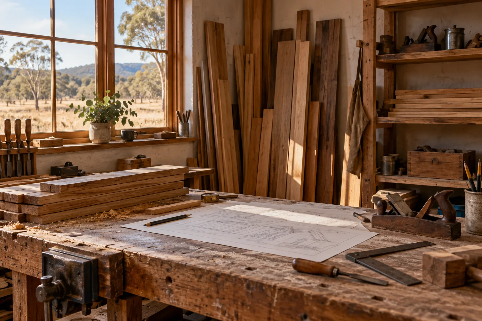 A quiet timber workshop with a wooden workbench, neatly stacked boards and hand tools at rest.